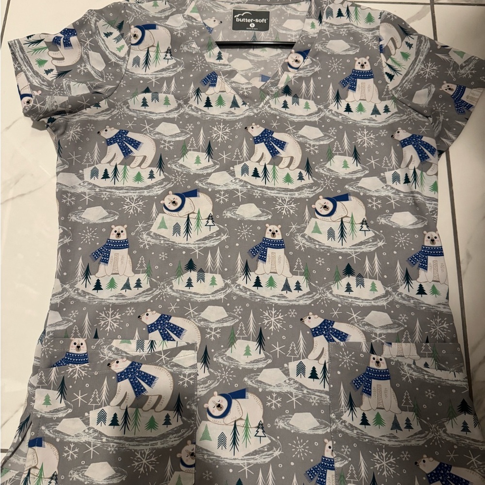 Fun Polar Bear Print Women's Scrub Top